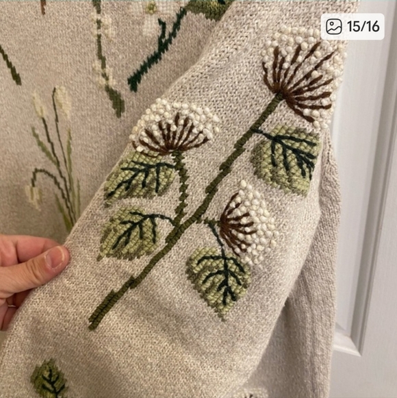 Coldwater Creek Linen Blend Embroidered Plants Leaves Beige Sweater Large - Picture 7 of 7